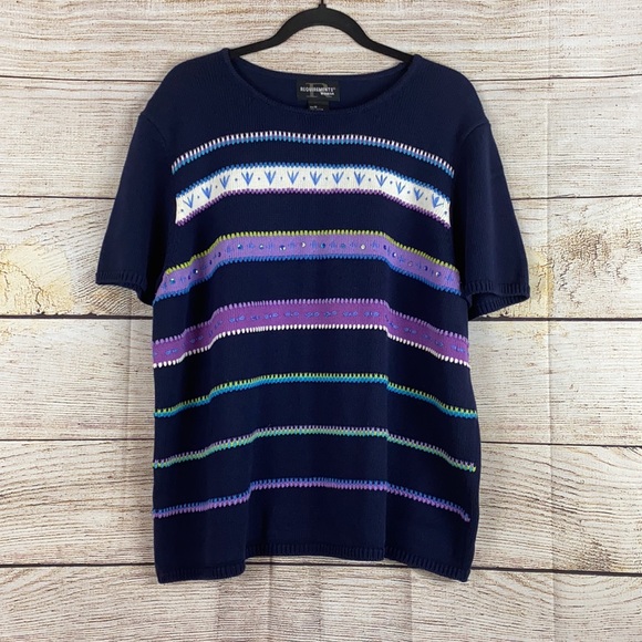Vintage Requirements Woman Navy Purple Embroidered Striped Mom Sweater 90s 1X - Picture 5 of 10